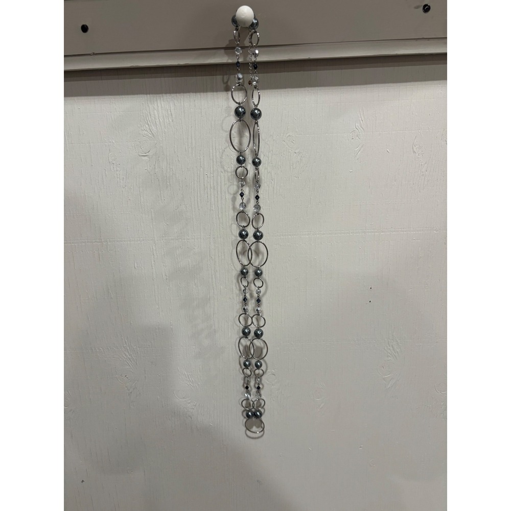 Long Silver Tone Station Necklace or used as belt Faux Pearl Crystal  46.5 In